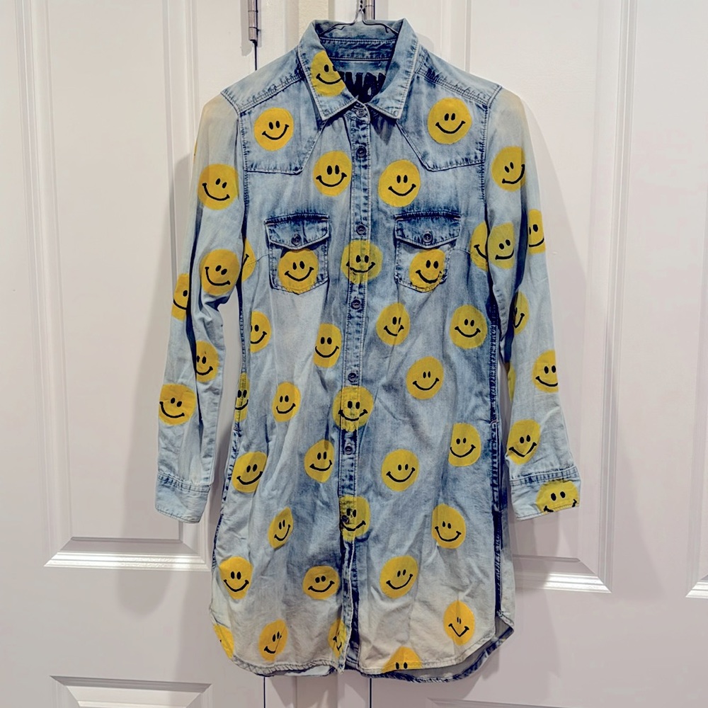 Hand painted smiley denim button up dress
